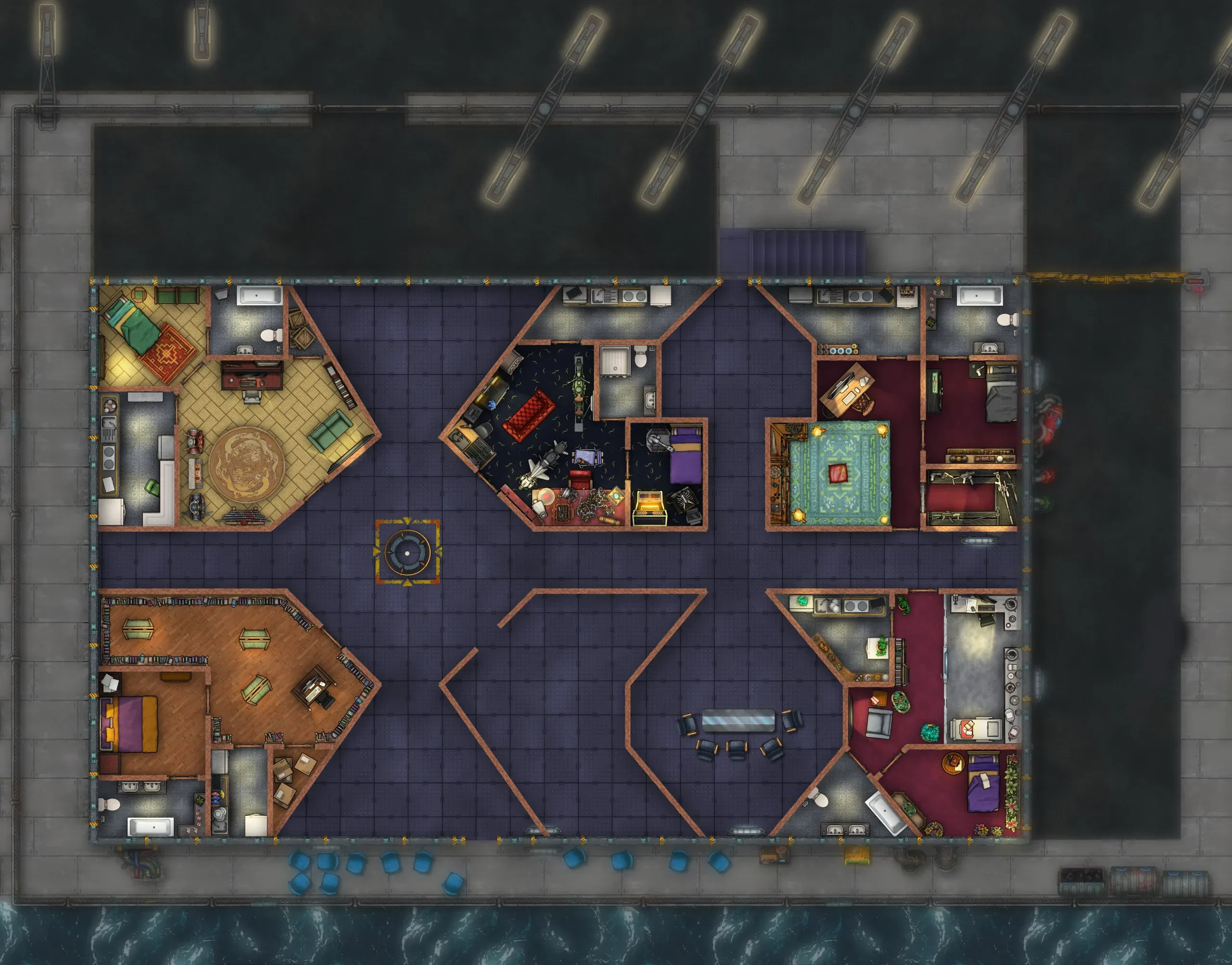 Top-down map of one floor of the dockside warehouse, with more furnished rooms than before: bedrooms, bathrooms and kitchens in the corners, a library with shelving and chests, a dark room with a red sofa and junk piled up, and an armory with weapons hanging on the wall; in the center, a large clear bay with a circular emblem on the floor and a meeting table.