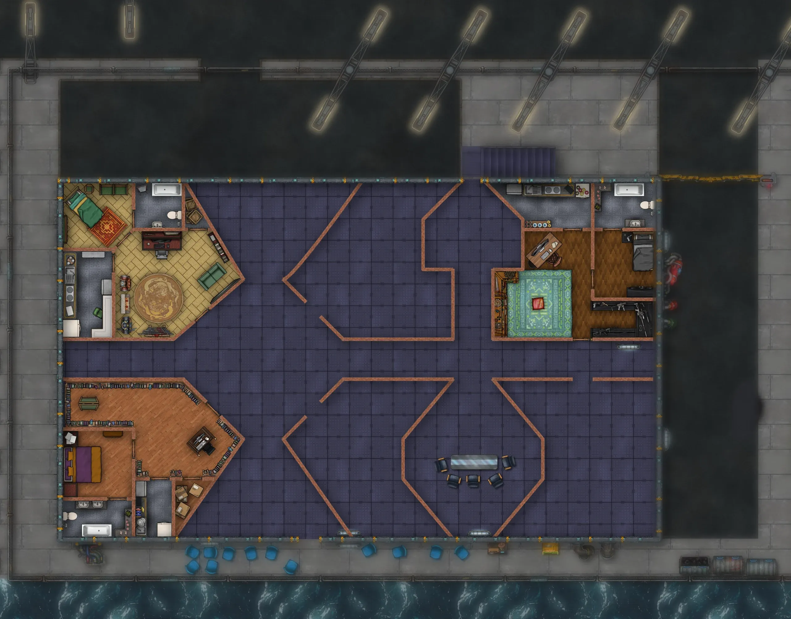 Mapa cenital de la planta superior de un almacén portuario: habitaciones amuebladas en tres esquinas —dormitorios, una biblioteca, una cocina, un arsenal— alrededor de una gran nave central dividida por tabiques, con el muelle y el agua al borde.